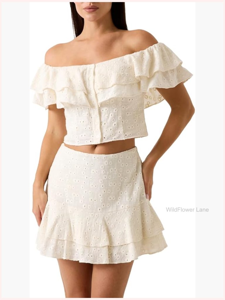 Off Shoulder Ruffle Blouse With Button Front - Short Sleeve Cotton Gauze Top